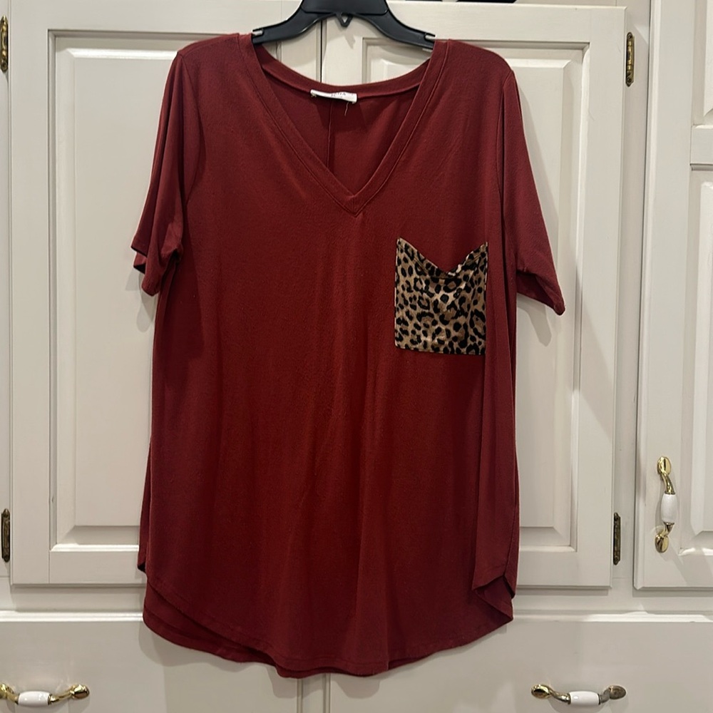 Zenana short sleeve tee with animal print pocket